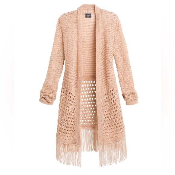 Chico’s Travelers Fringe Knit Cardigan Duster Open Weave | Size XL | Boho Cream - Picture 2 of 8